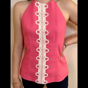Lilly Pulitzer NWTs, Hot Pink Annabelle crisp cotton top, Sz 6, white embroidery